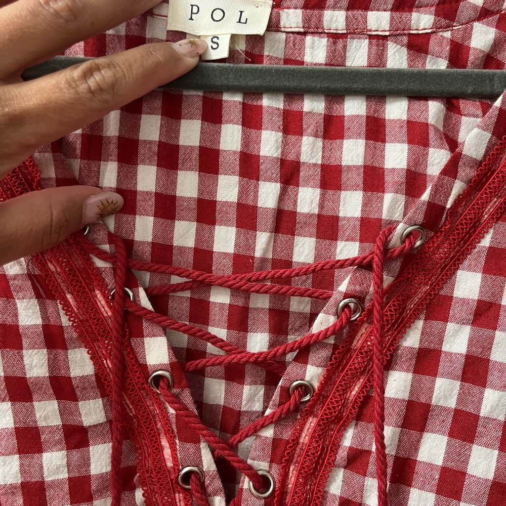POL Red Gingham Lace-Up Maxi Dress - Picture 2 of 4